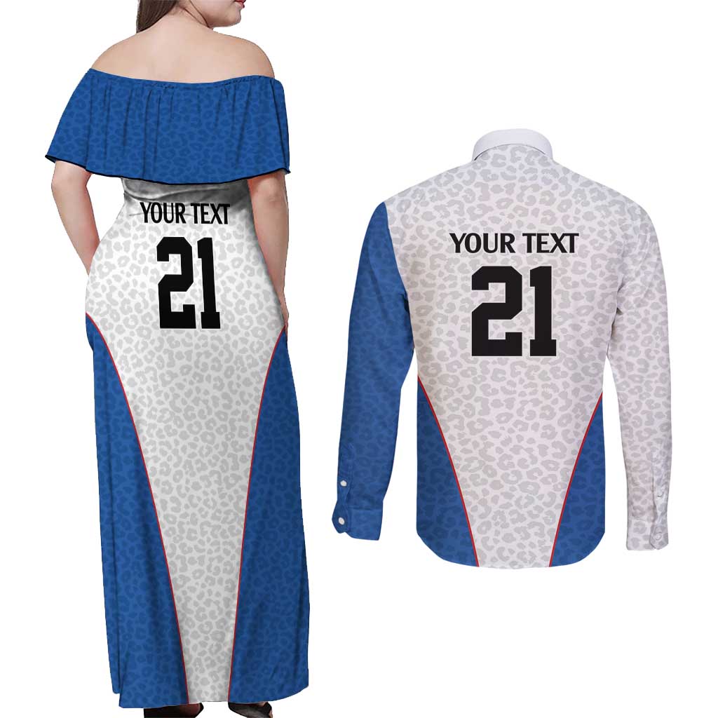 DR Congo Football Custom Couples Matching Off Shoulder Maxi Dress and Long Sleeve Button Shirt White Leopard Skin Pattern - Wonder Print Shop