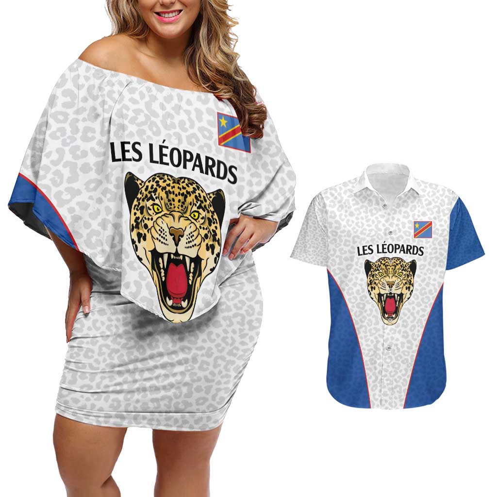 DR Congo Football Custom Couples Matching Off Shoulder Short Dress and Hawaiian Shirt White Leopard Skin Pattern - Wonder Print Shop