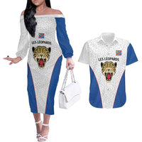 DR Congo Football Custom Couples Matching Off The Shoulder Long Sleeve Dress and Hawaiian Shirt White Leopard Skin Pattern - Wonder Print Shop