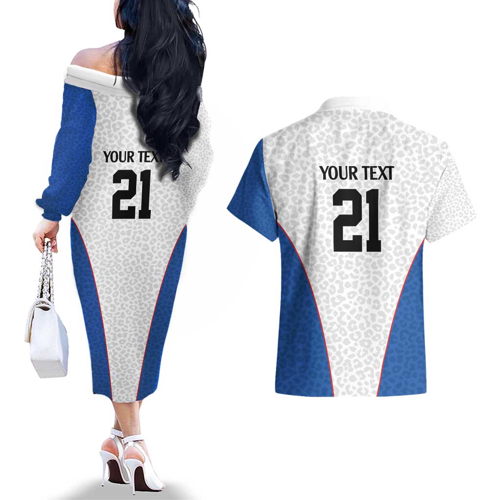 DR Congo Football Custom Couples Matching Off The Shoulder Long Sleeve Dress and Hawaiian Shirt White Leopard Skin Pattern - Wonder Print Shop