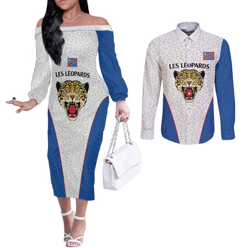 DR Congo Football Custom Couples Matching Off The Shoulder Long Sleeve Dress and Long Sleeve Button Shirt White Leopard Skin Pattern - Wonder Print Shop