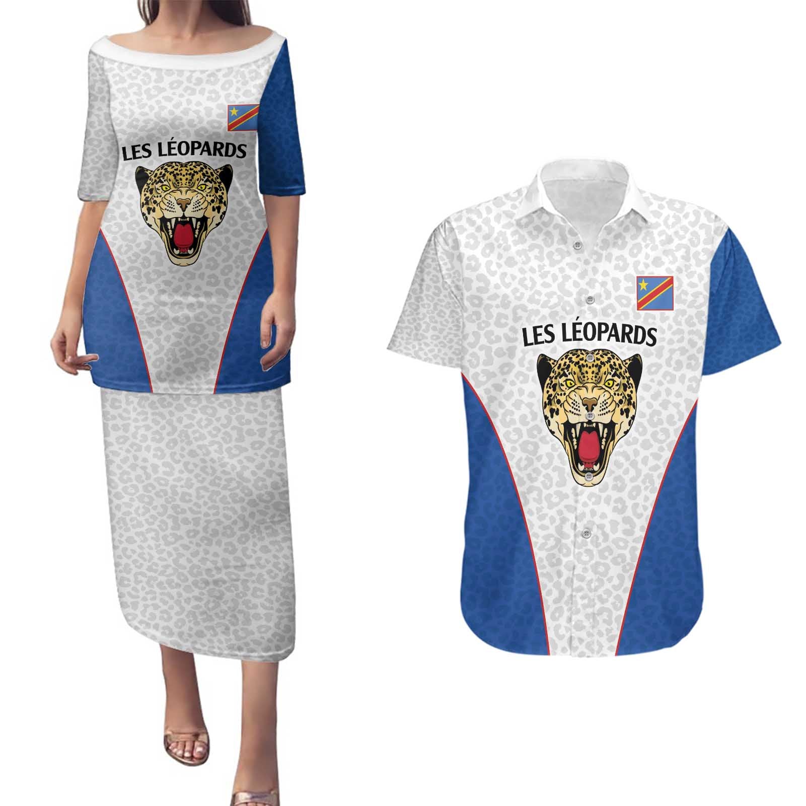 DR Congo Football Custom Couples Matching Puletasi and Hawaiian Shirt White Leopard Skin Pattern - Wonder Print Shop
