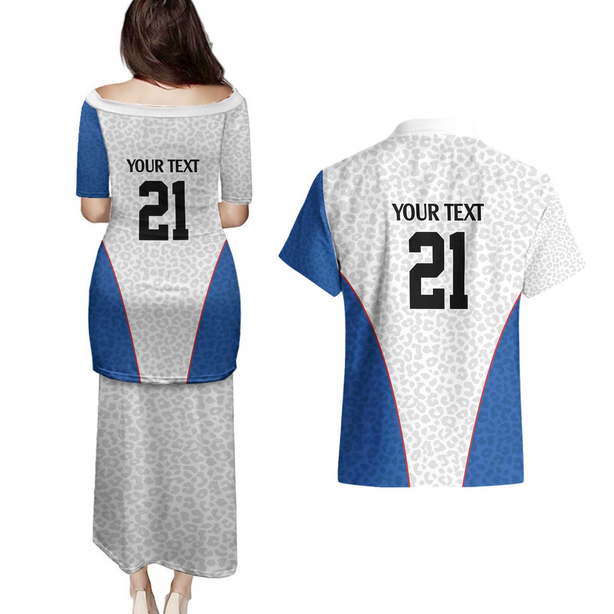 DR Congo Football Custom Couples Matching Puletasi and Hawaiian Shirt White Leopard Skin Pattern - Wonder Print Shop