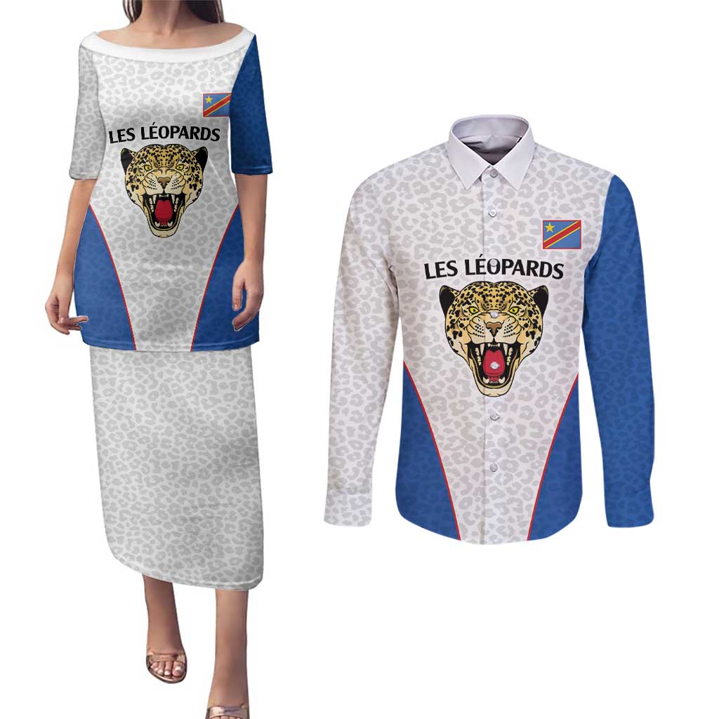 DR Congo Football Custom Couples Matching Puletasi and Long Sleeve Button Shirt White Leopard Skin Pattern - Wonder Print Shop