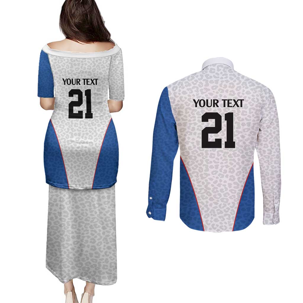 DR Congo Football Custom Couples Matching Puletasi and Long Sleeve Button Shirt White Leopard Skin Pattern - Wonder Print Shop