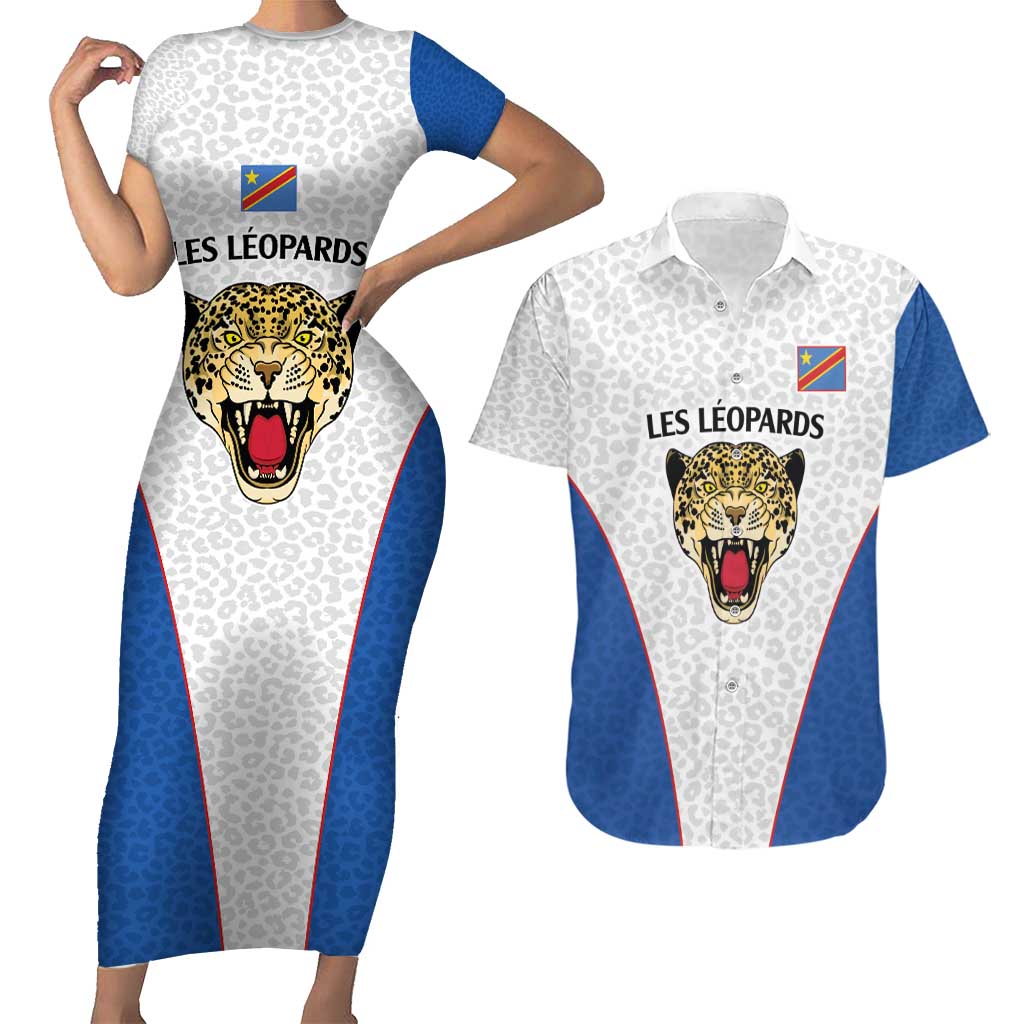 DR Congo Football Custom Couples Matching Short Sleeve Bodycon Dress and Hawaiian Shirt White Leopard Skin Pattern - Wonder Print Shop