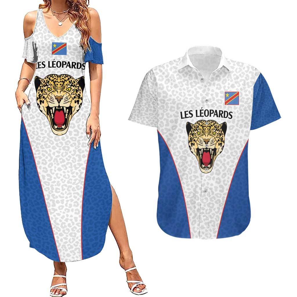 DR Congo Football Custom Couples Matching Summer Maxi Dress and Hawaiian Shirt White Leopard Skin Pattern - Wonder Print Shop