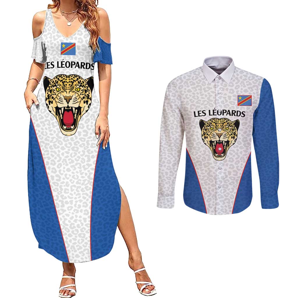 DR Congo Football Custom Couples Matching Summer Maxi Dress and Long Sleeve Button Shirt White Leopard Skin Pattern - Wonder Print Shop