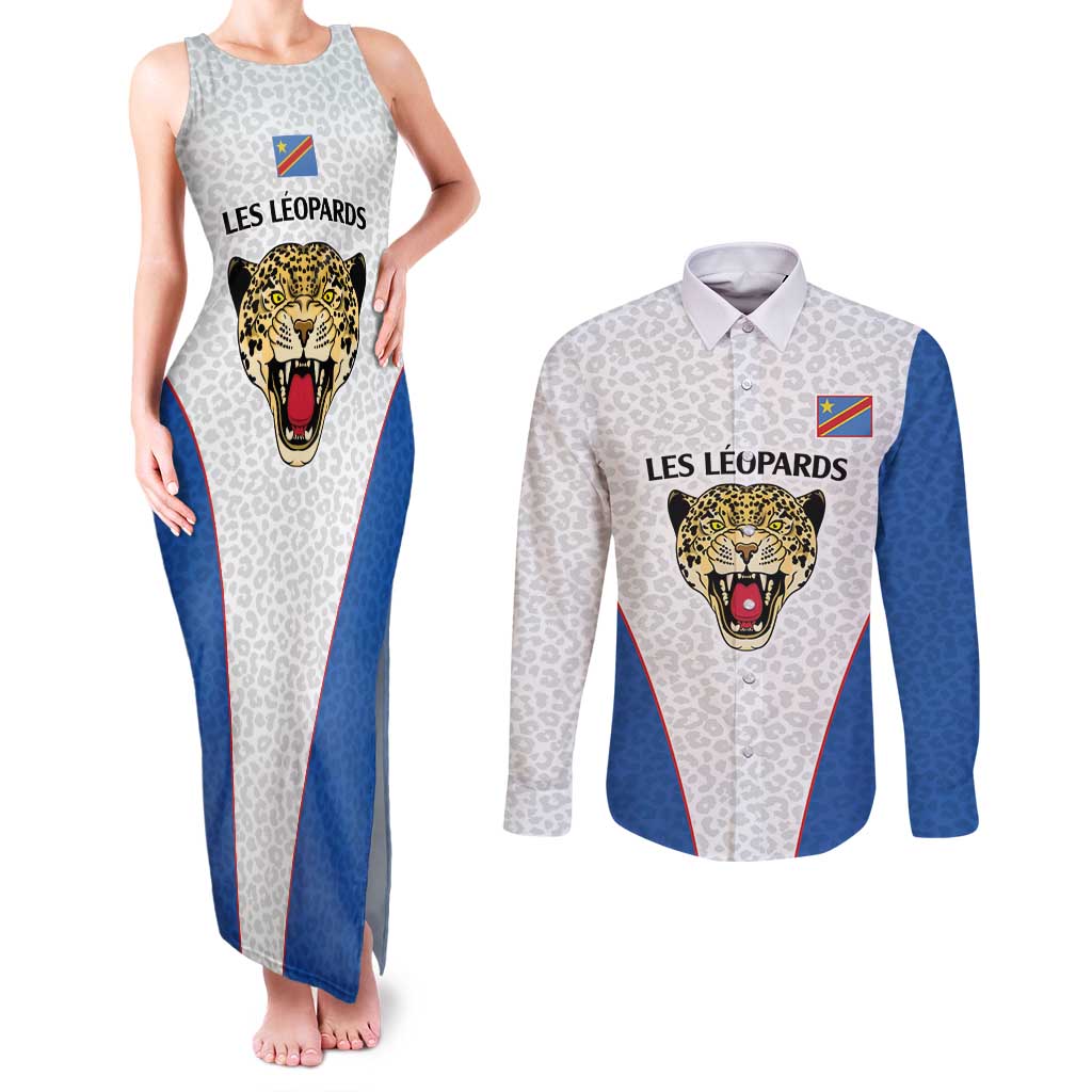 DR Congo Football Custom Couples Matching Tank Maxi Dress and Long Sleeve Button Shirt White Leopard Skin Pattern - Wonder Print Shop