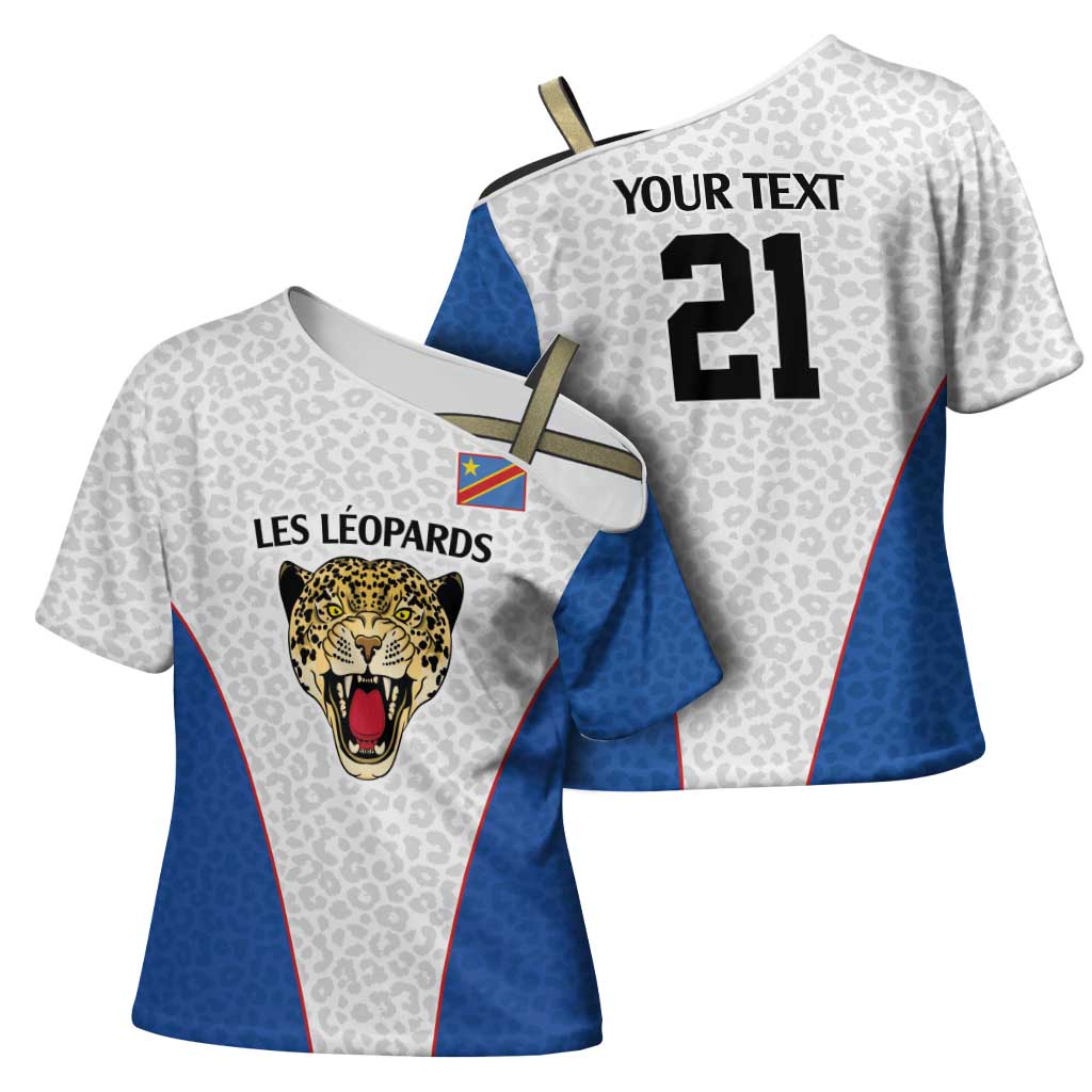 Africa DR Congo Football Custom Cross Shoulder Shirt White Leopard Skin Pattern