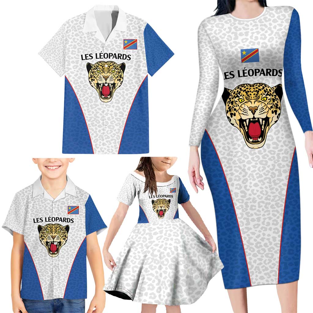 DR Congo Football Custom Family Matching Long Sleeve Bodycon Dress and Hawaiian Shirt White Leopard Skin Pattern - Wonder Print Shop