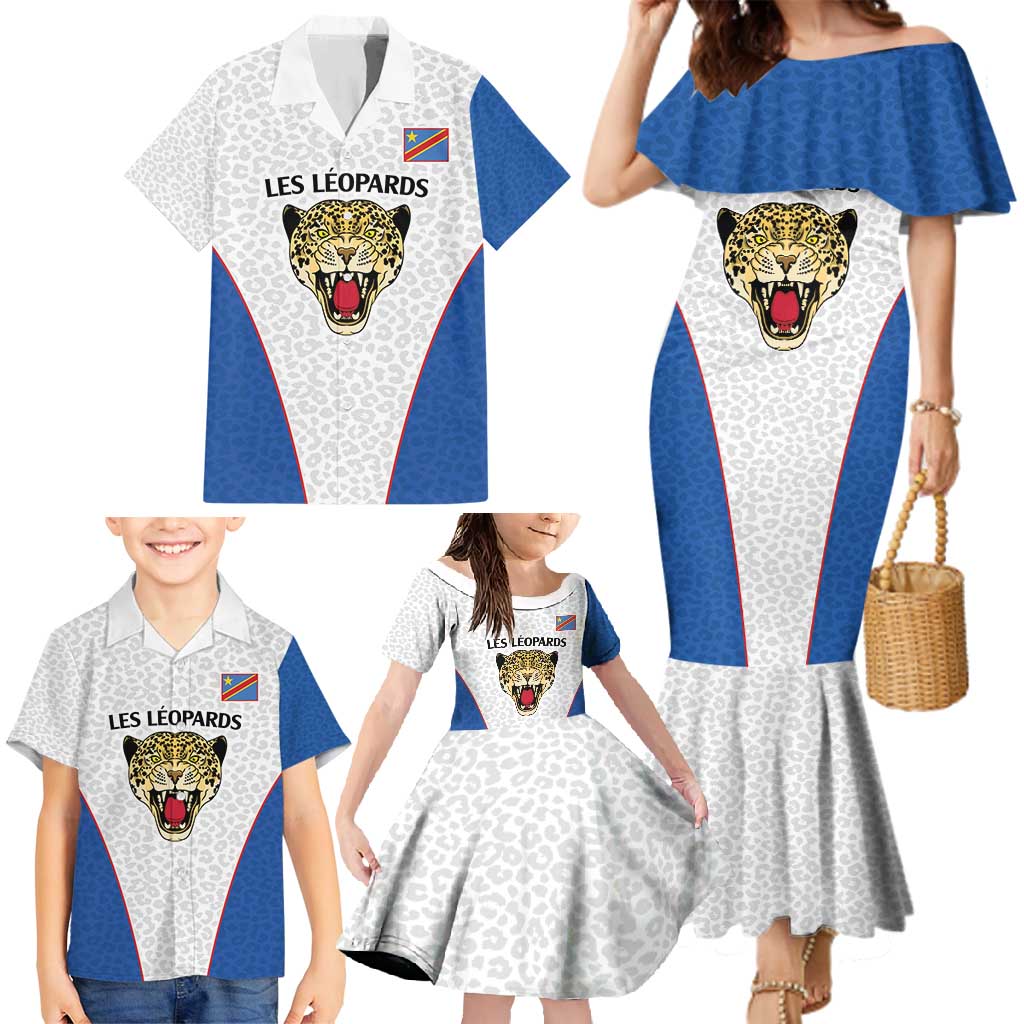 DR Congo Football Custom Family Matching Mermaid Dress and Hawaiian Shirt White Leopard Skin Pattern - Wonder Print Shop