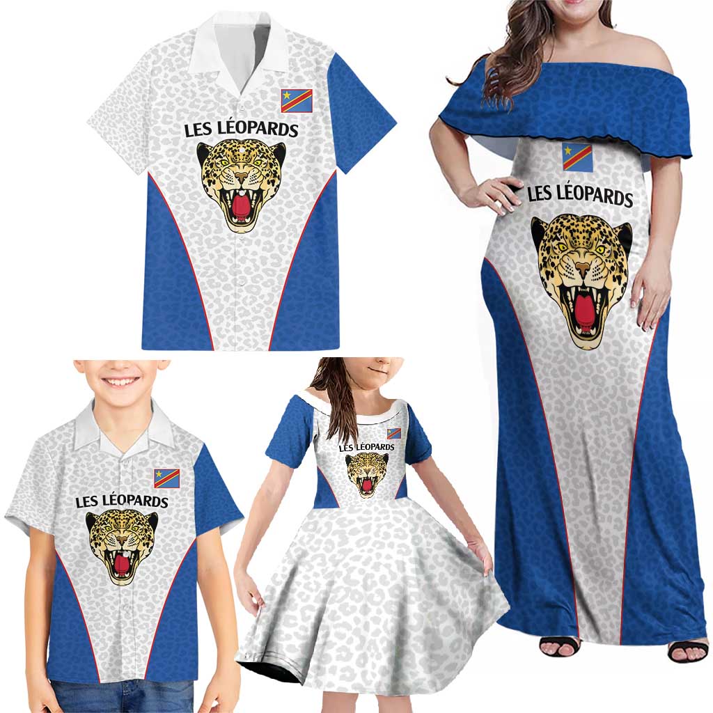 DR Congo Football Custom Family Matching Off Shoulder Maxi Dress and Hawaiian Shirt White Leopard Skin Pattern - Wonder Print Shop