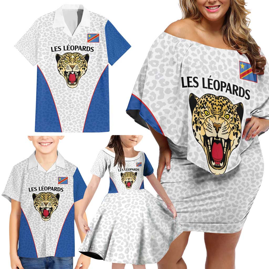 DR Congo Football Custom Family Matching Off Shoulder Short Dress and Hawaiian Shirt White Leopard Skin Pattern - Wonder Print Shop