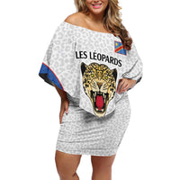 DR Congo Football Custom Family Matching Off Shoulder Short Dress and Hawaiian Shirt White Leopard Skin Pattern - Wonder Print Shop