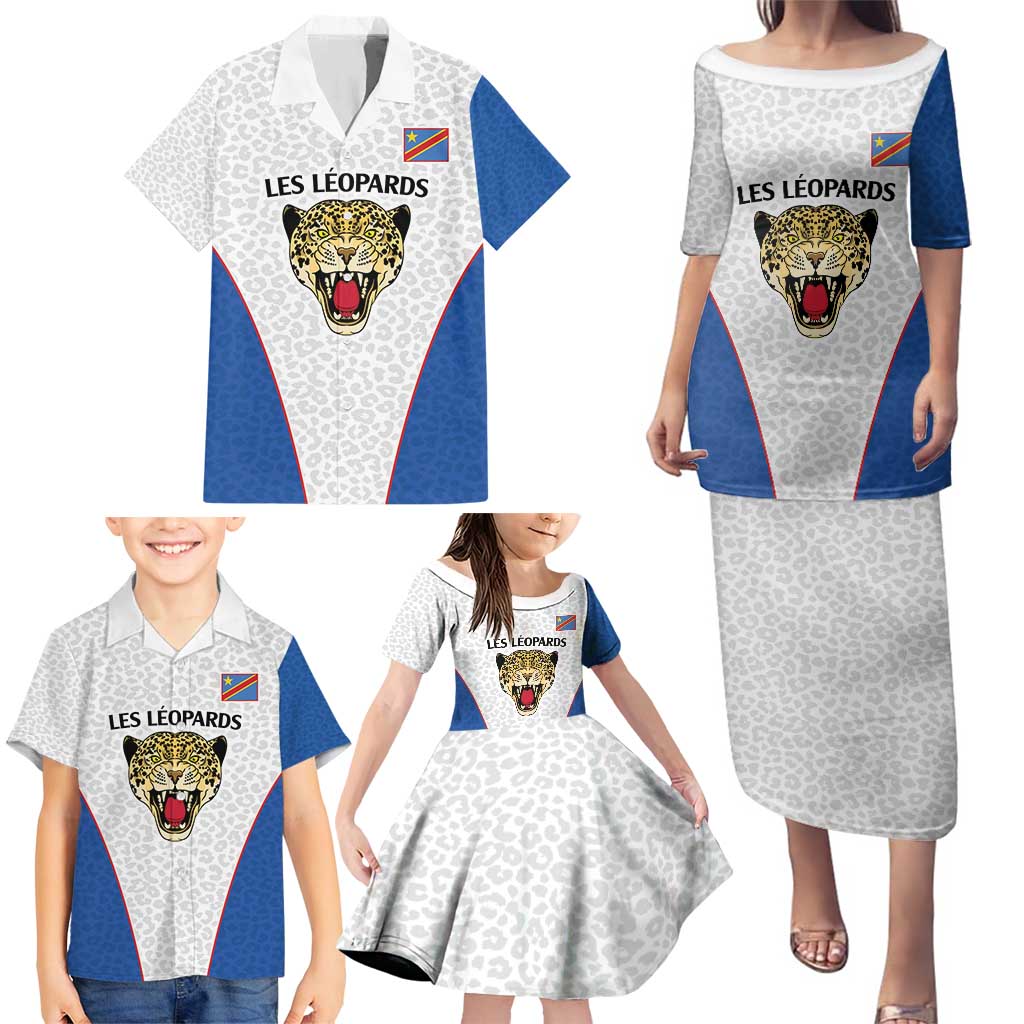 DR Congo Football Custom Family Matching Puletasi and Hawaiian Shirt White Leopard Skin Pattern - Wonder Print Shop