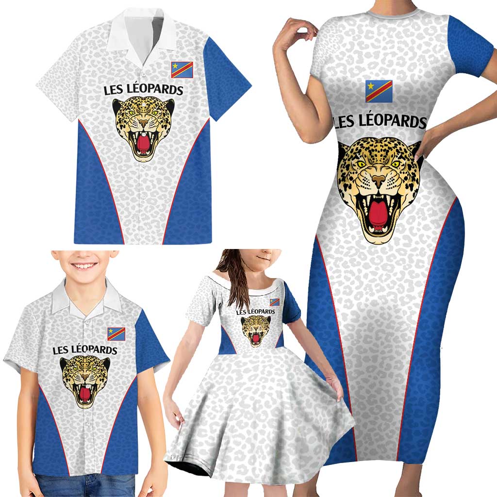 DR Congo Football Custom Family Matching Short Sleeve Bodycon Dress and Hawaiian Shirt White Leopard Skin Pattern - Wonder Print Shop