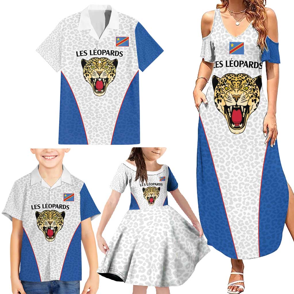 DR Congo Football Custom Family Matching Summer Maxi Dress and Hawaiian Shirt White Leopard Skin Pattern - Wonder Print Shop