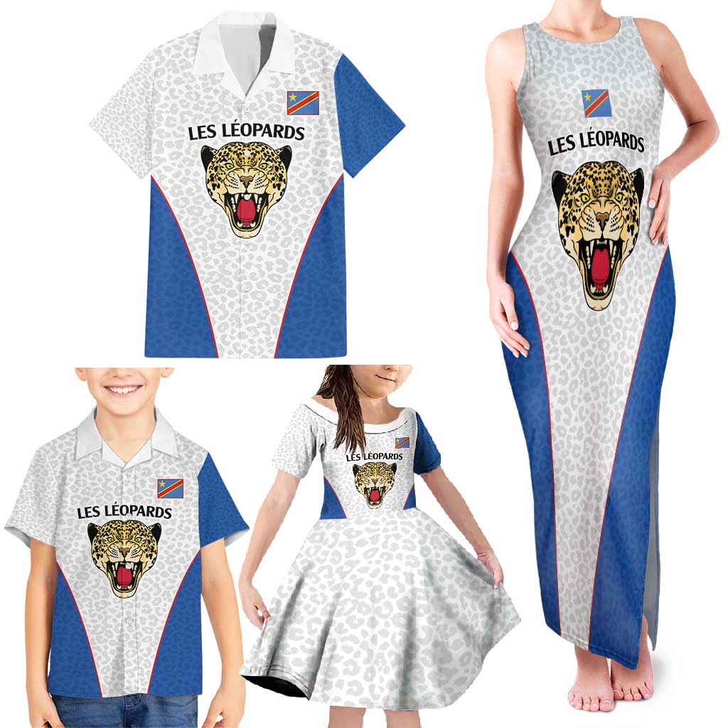 DR Congo Football Custom Family Matching Tank Maxi Dress and Hawaiian Shirt White Leopard Skin Pattern - Wonder Print Shop
