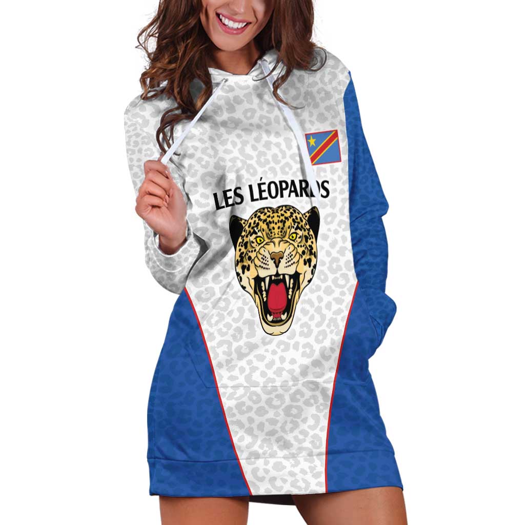 DR Congo Football Custom Hoodie Dress White Leopard Skin Pattern - Wonder Print Shop