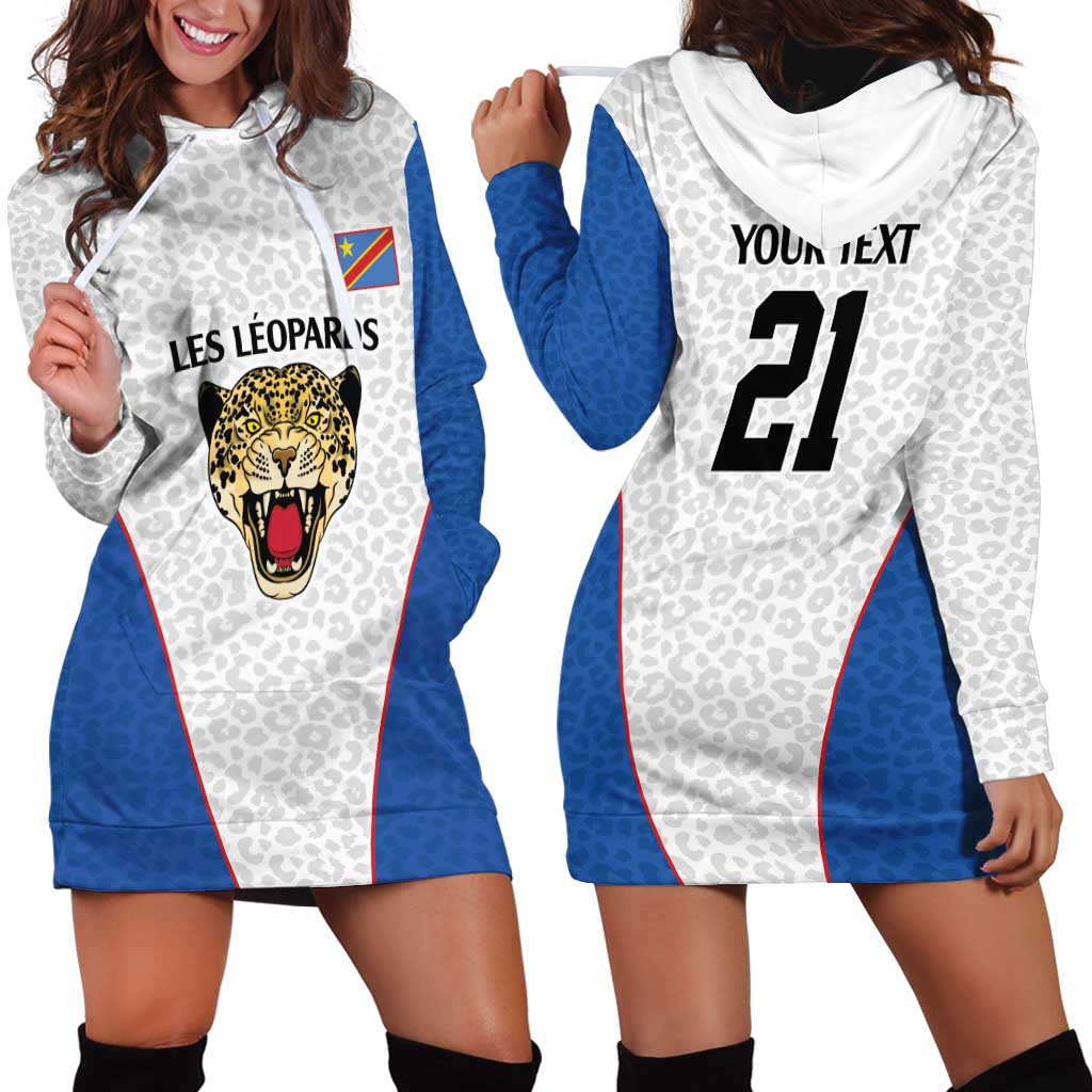 DR Congo Football Custom Hoodie Dress White Leopard Skin Pattern - Wonder Print Shop
