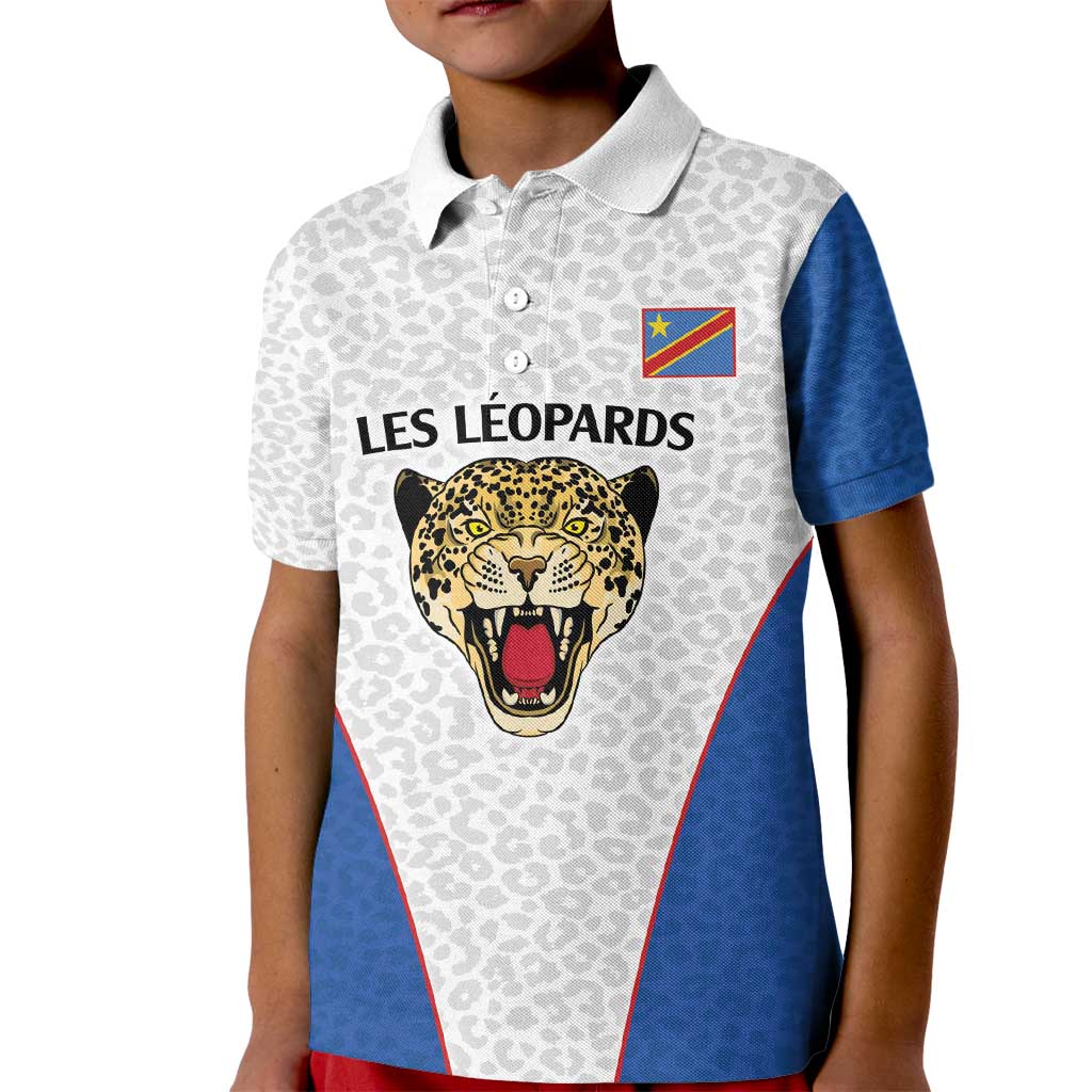 DR Congo Football Custom Kid Polo Shirt White Leopard Skin Pattern - Wonder Print Shop