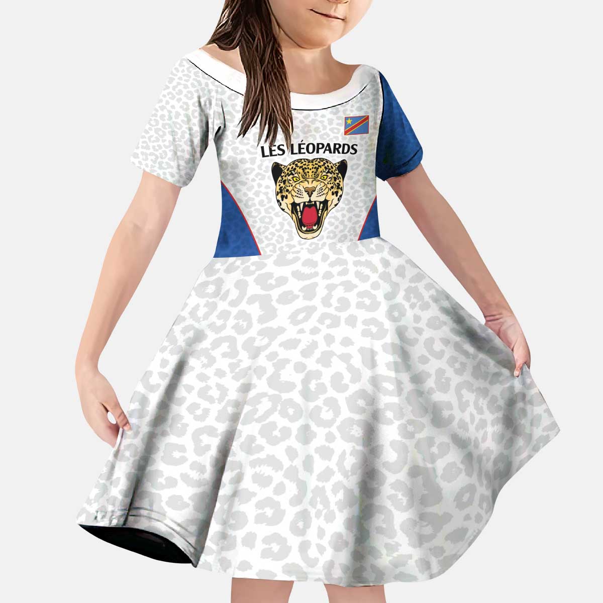 DR Congo Football Custom Kid Short Sleeve Dress White Leopard Skin Pattern - Wonder Print Shop