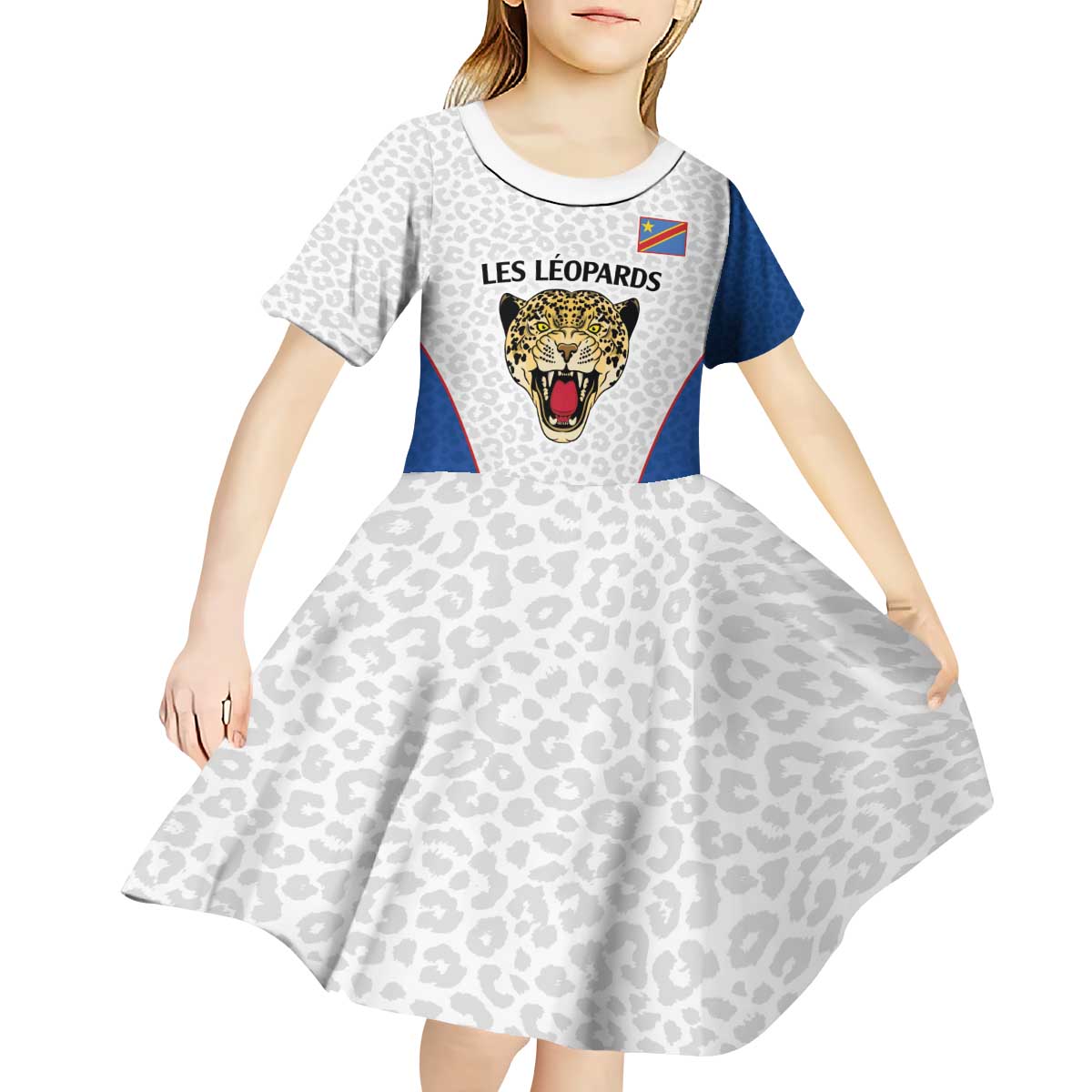 DR Congo Football Custom Kid Short Sleeve Dress White Leopard Skin Pattern - Wonder Print Shop