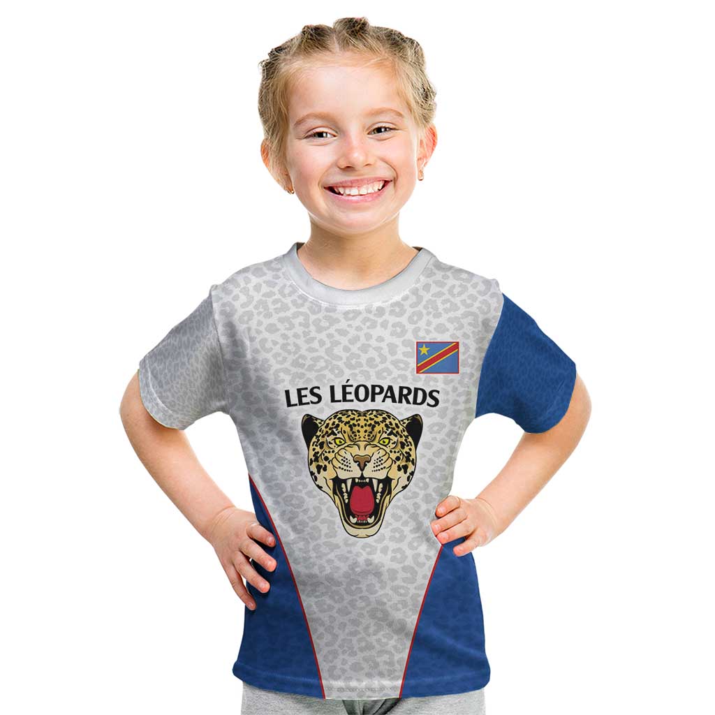 DR Congo Football Custom Kid T Shirt White Leopard Skin Pattern - Wonder Print Shop