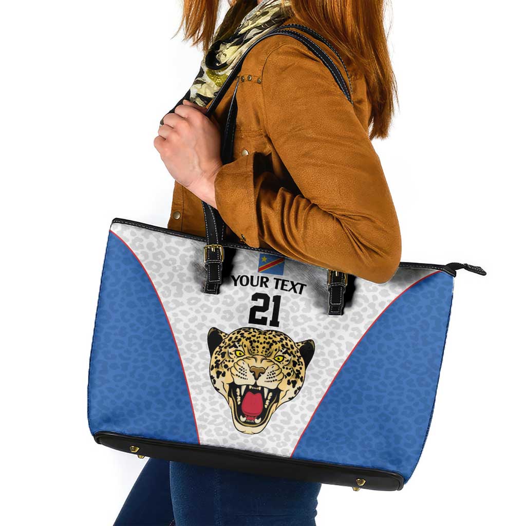 DR Congo Football Custom Leather Tote Bag White Leopard Skin Pattern - Wonder Print Shop