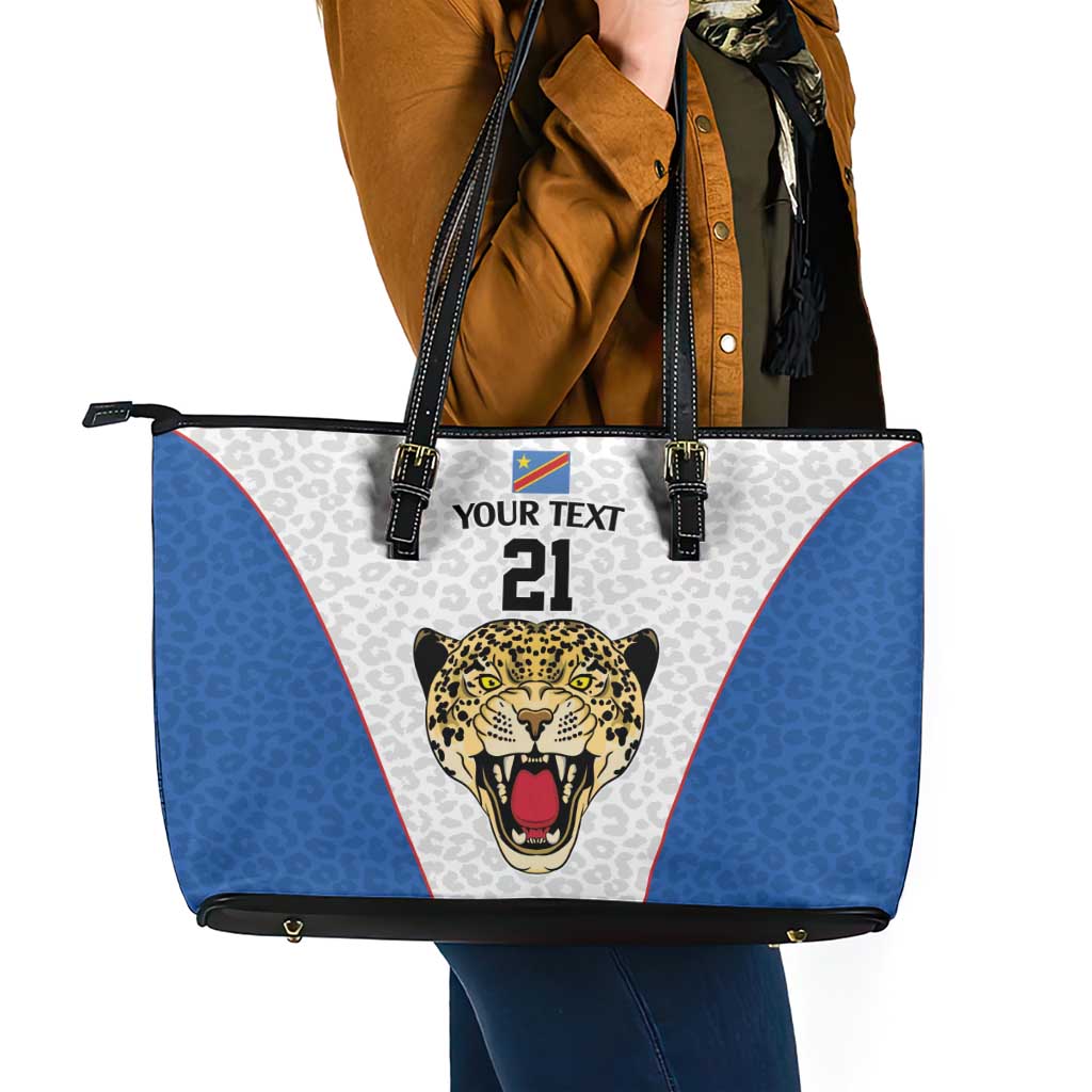 DR Congo Football Custom Leather Tote Bag White Leopard Skin Pattern - Wonder Print Shop