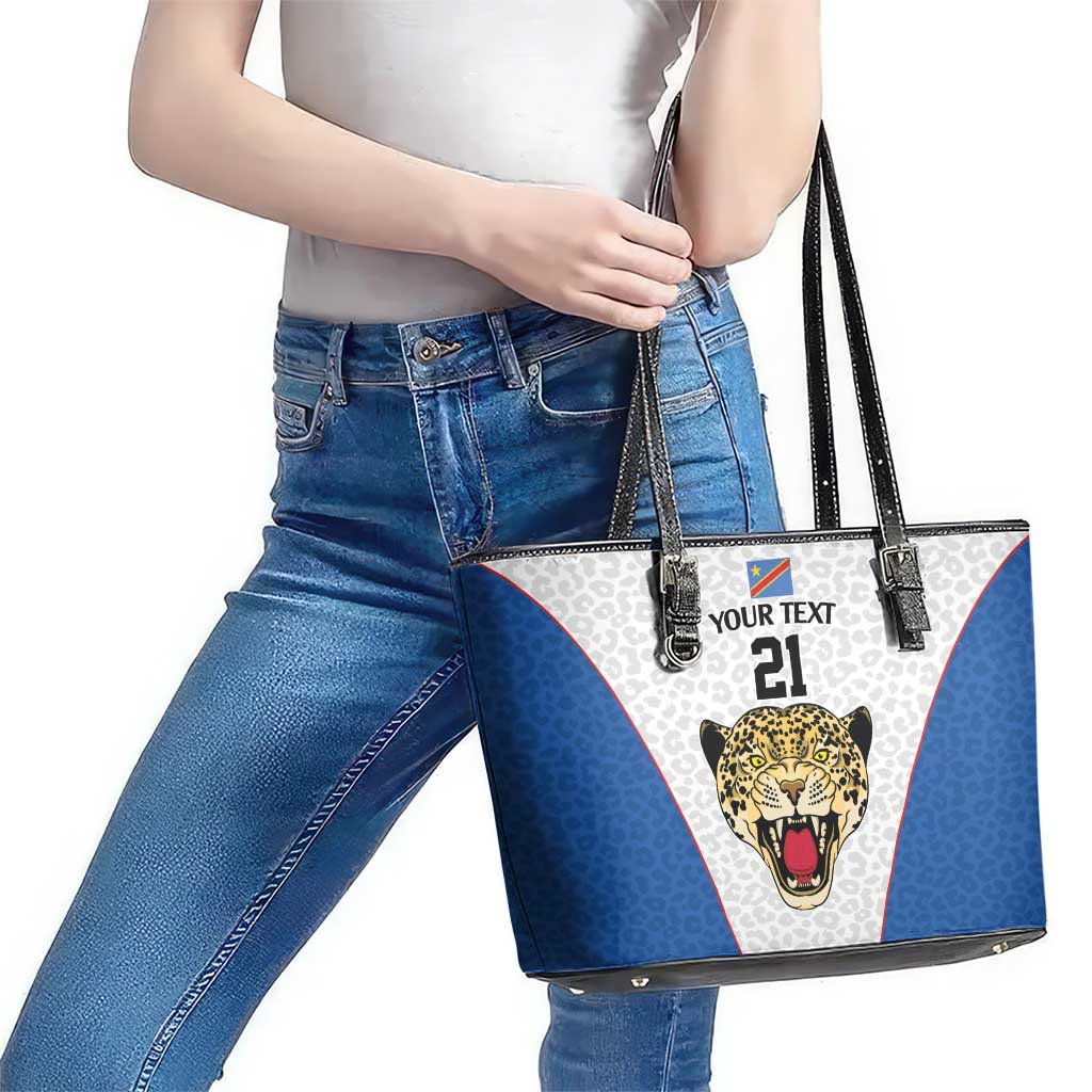 DR Congo Football Custom Leather Tote Bag White Leopard Skin Pattern - Wonder Print Shop