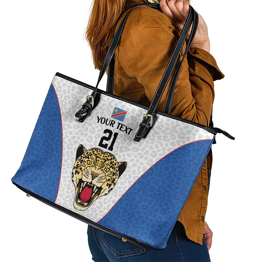 DR Congo Football Custom Leather Tote Bag White Leopard Skin Pattern - Wonder Print Shop