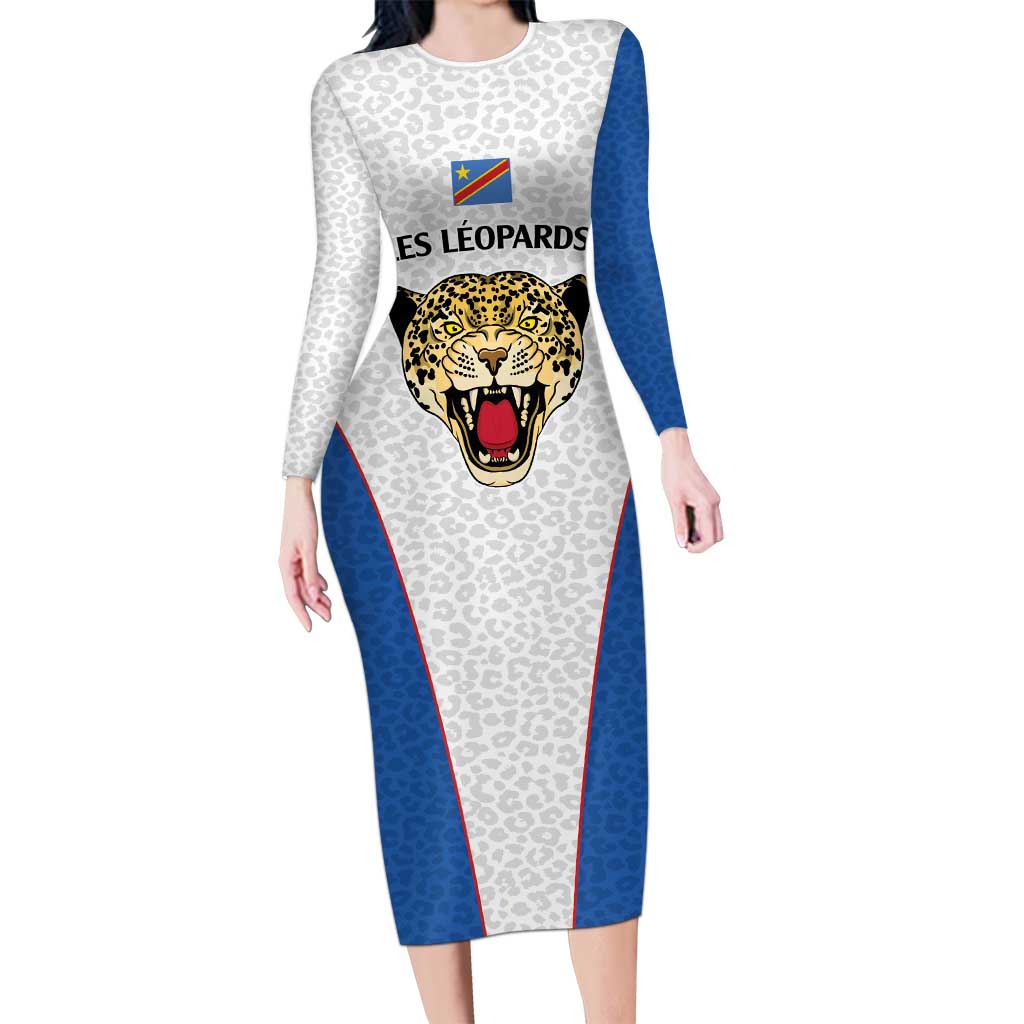 DR Congo Football Custom Long Sleeve Bodycon Dress White Leopard Skin Pattern - Wonder Print Shop