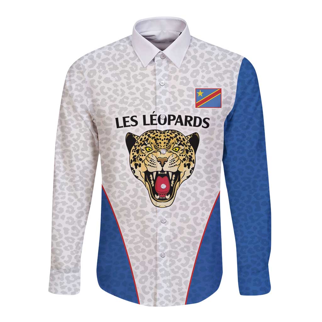 DR Congo Football Custom Long Sleeve Button Shirt White Leopard Skin Pattern - Wonder Print Shop