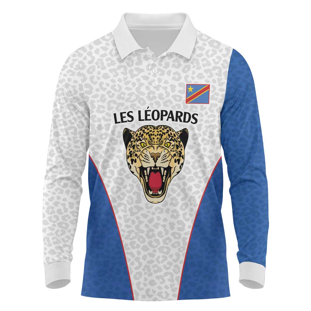 DR Congo Football Custom Long Sleeve Polo Shirt White Leopard Skin Pattern - Wonder Print Shop