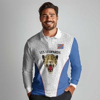 DR Congo Football Custom Long Sleeve Polo Shirt White Leopard Skin Pattern - Wonder Print Shop