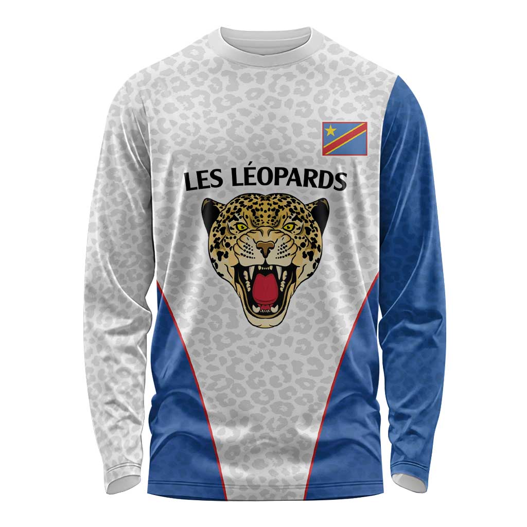 DR Congo Football Custom Long Sleeve Shirt White Leopard Skin Pattern - Wonder Print Shop