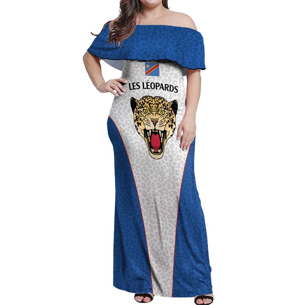 DR Congo Football Custom Off Shoulder Maxi Dress White Leopard Skin Pattern - Wonder Print Shop