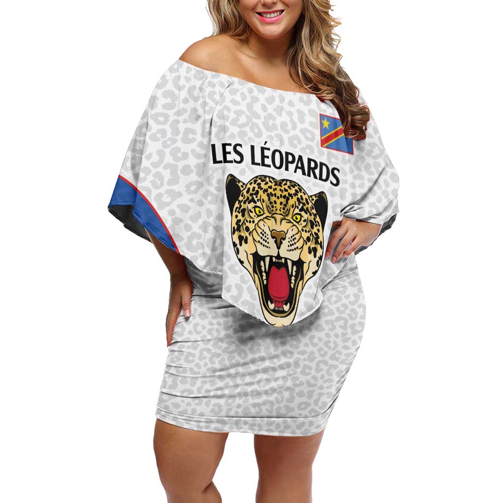 DR Congo Football Custom Off Shoulder Short Dress White Leopard Skin Pattern - Wonder Print Shop