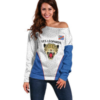 DR Congo Football Custom Off Shoulder Sweater White Leopard Skin Pattern - Wonder Print Shop