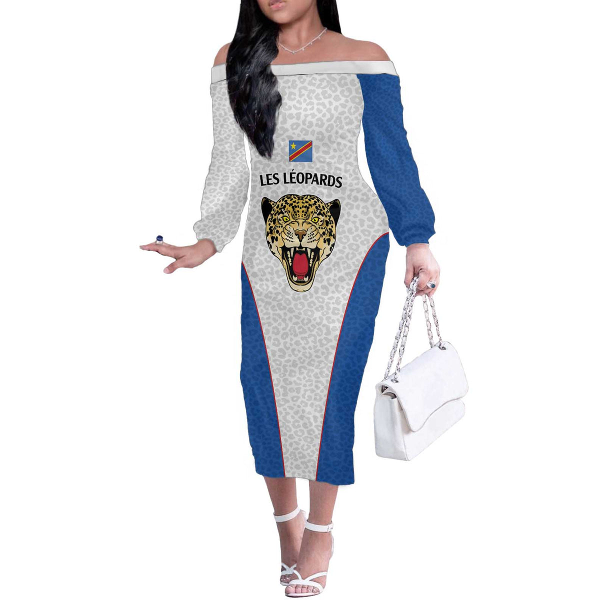 DR Congo Football Custom Off The Shoulder Long Sleeve Dress White Leopard Skin Pattern - Wonder Print Shop