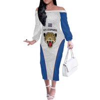 DR Congo Football Custom Off The Shoulder Long Sleeve Dress White Leopard Skin Pattern - Wonder Print Shop