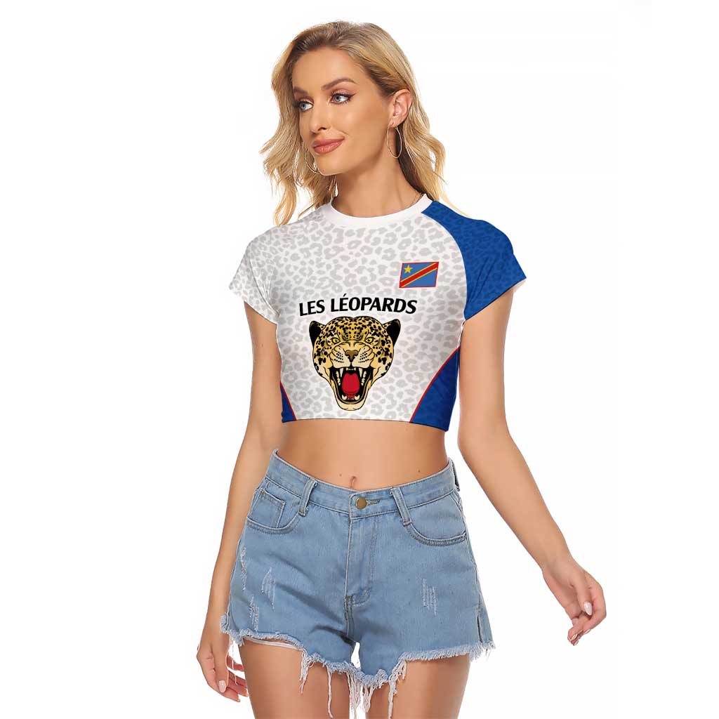 DR Congo Football Custom Raglan Cropped T Shirt White Leopard Skin Pattern - Wonder Print Shop