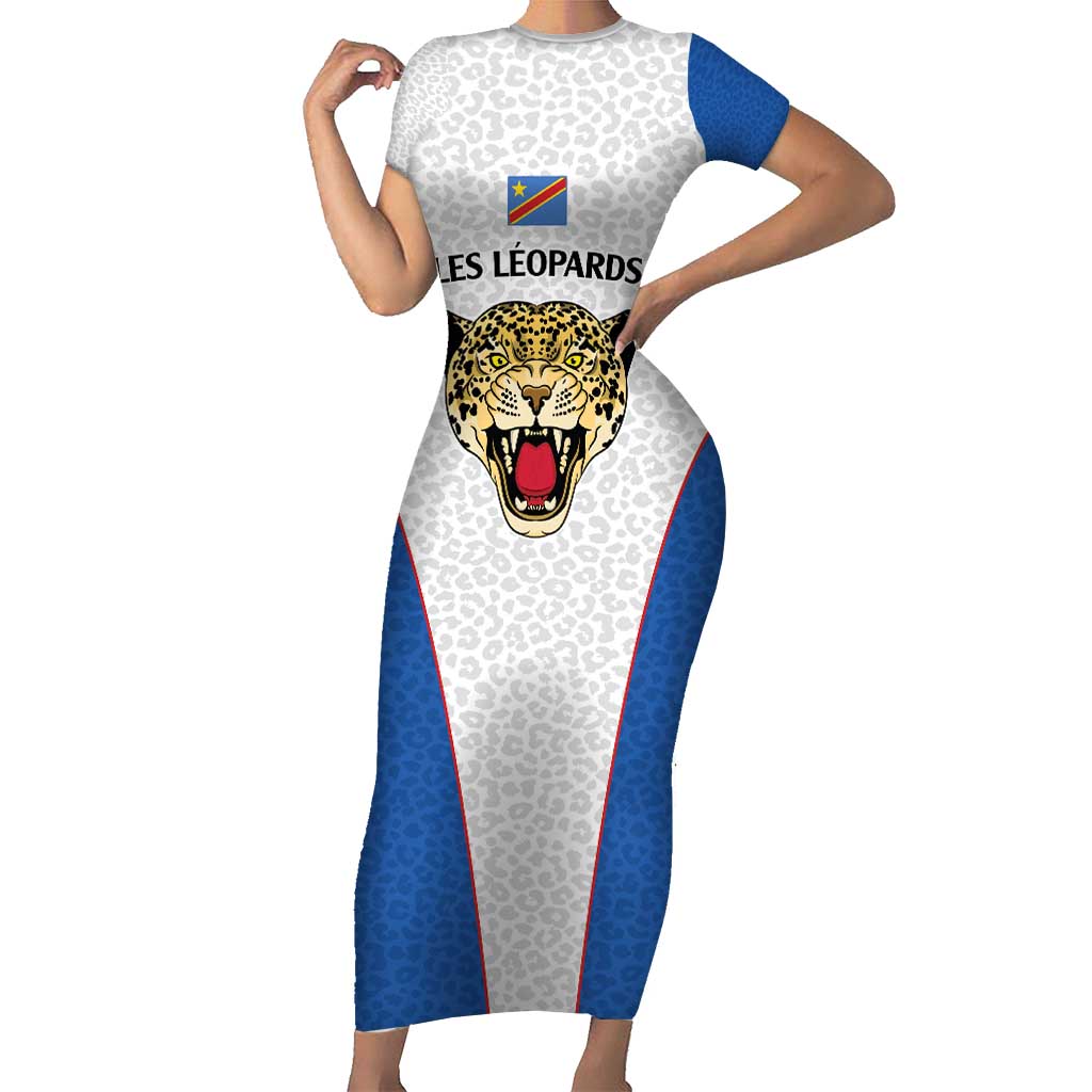 DR Congo Football Custom Short Sleeve Bodycon Dress White Leopard Skin Pattern - Wonder Print Shop