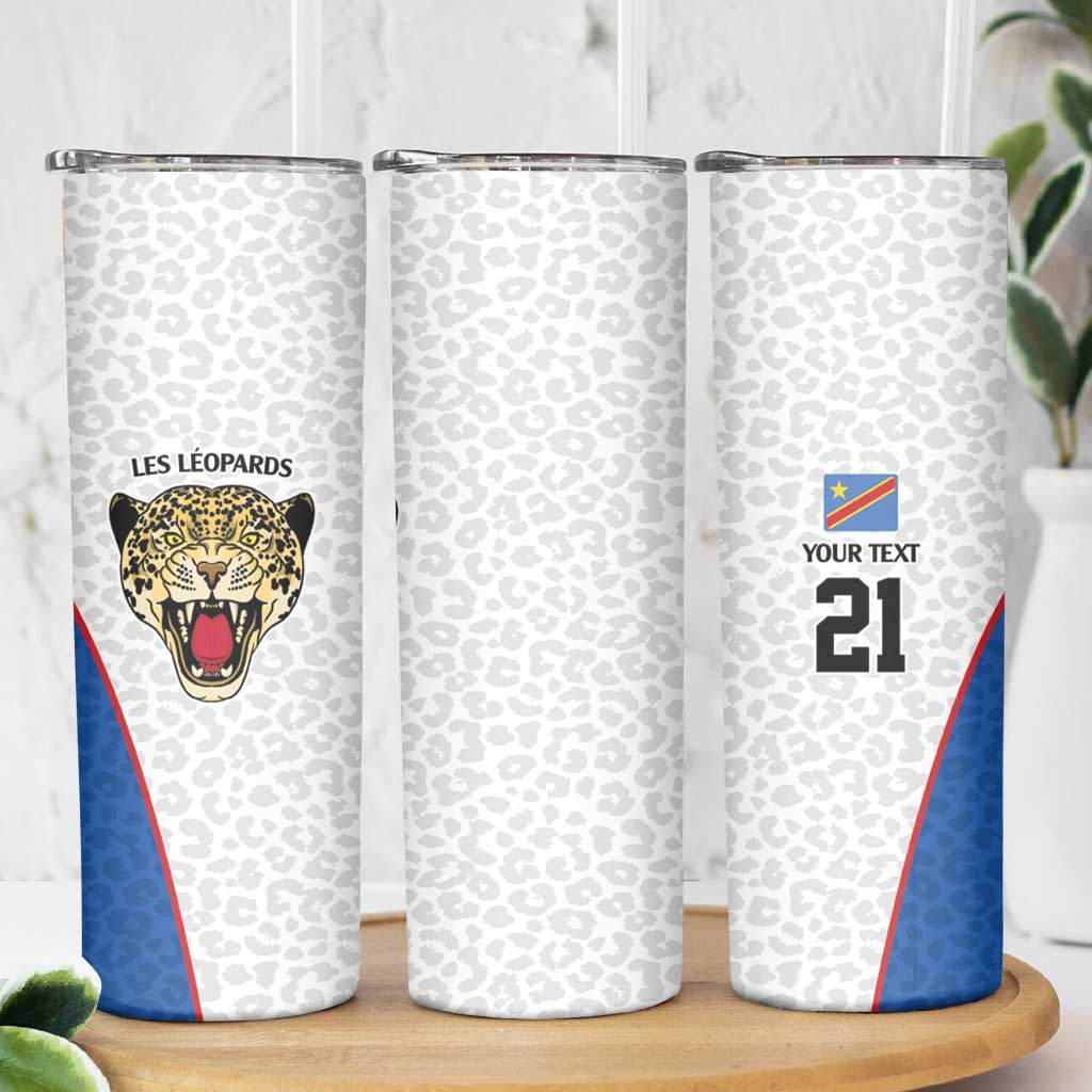 DR Congo Football Custom Skinny Tumbler White Leopard Skin Pattern - Wonder Print Shop