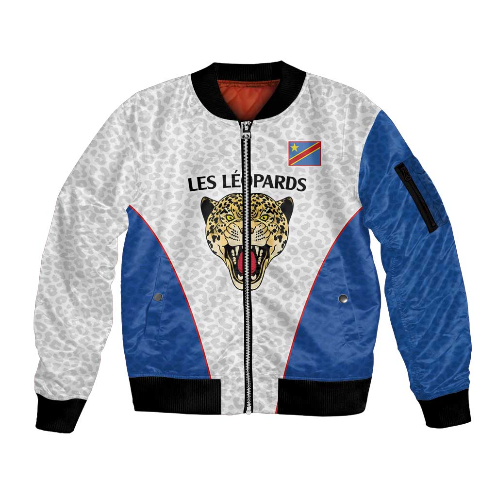 DR Congo Football Custom Sleeve Zip Bomber Jacket White Leopard Skin Pattern - Wonder Print Shop