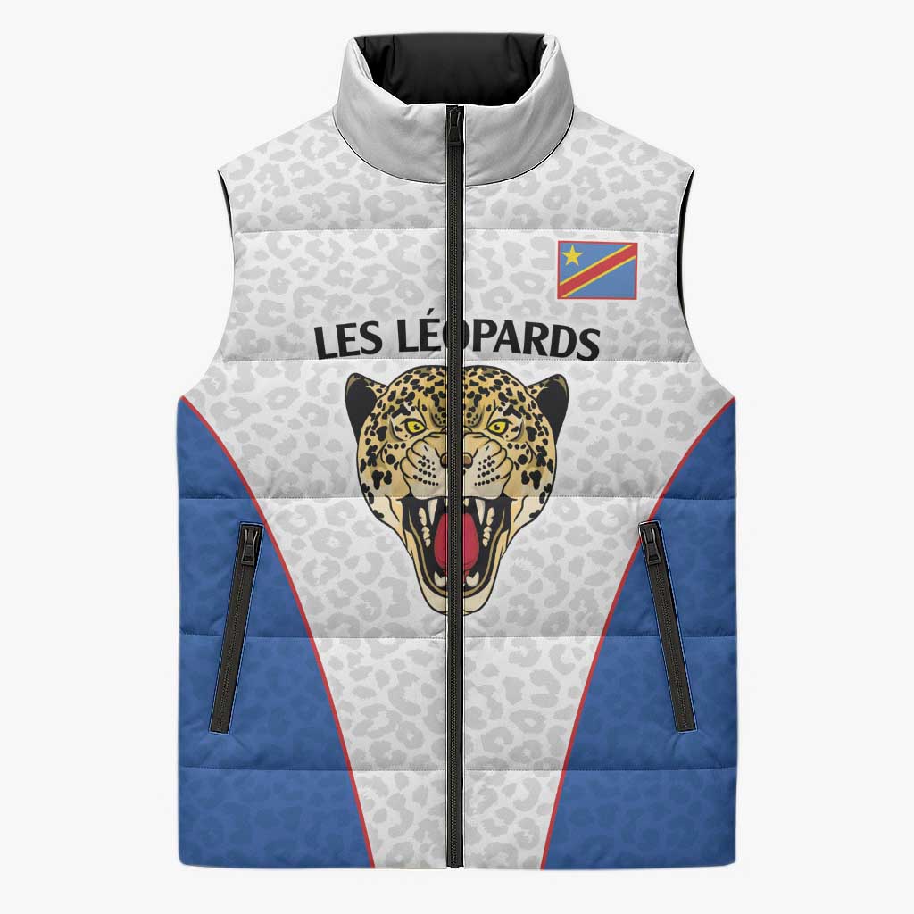 Africa DR Congo Football Custom Sleeveless Puffer Jacket White Leopard Skin Pattern