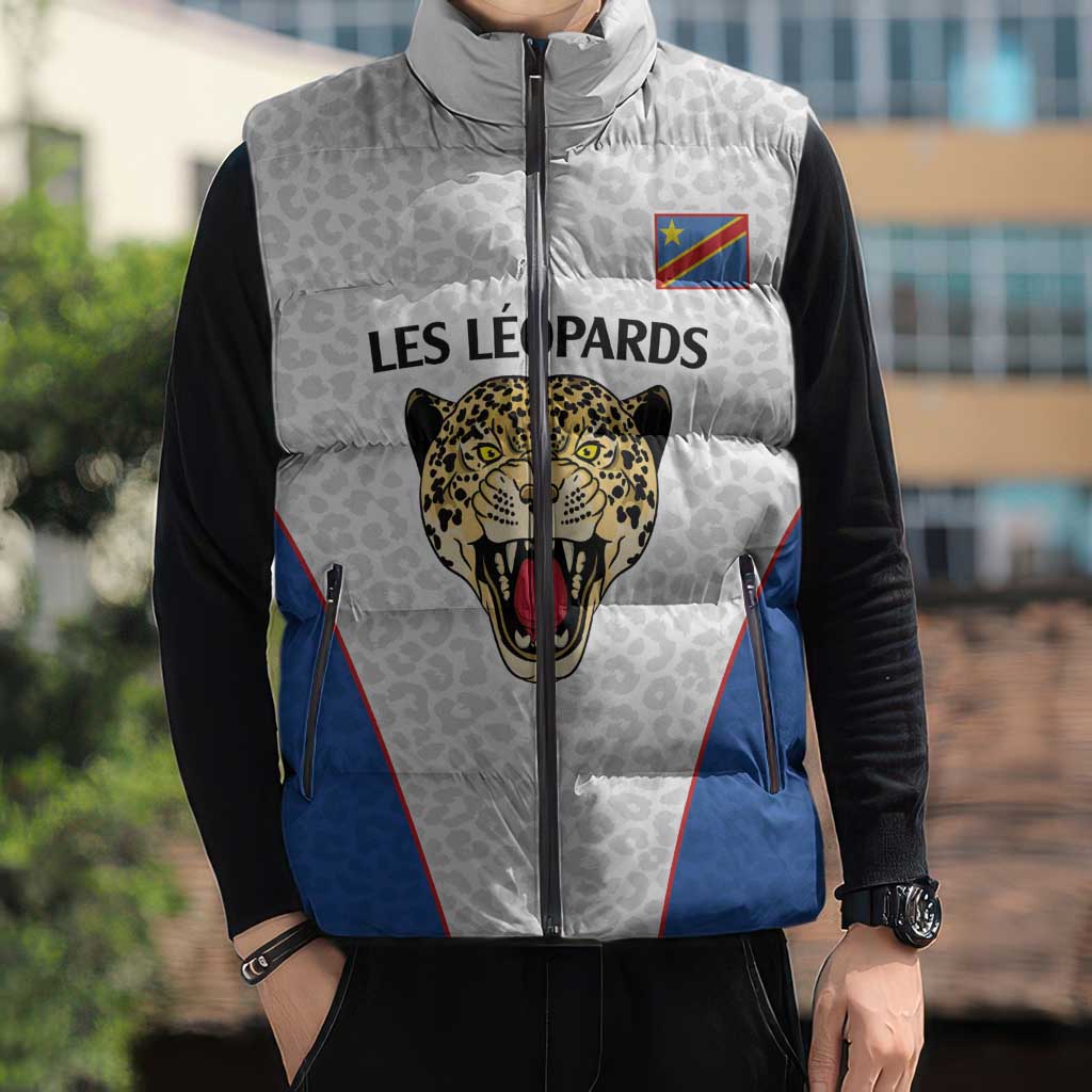 Africa DR Congo Football Custom Sleeveless Puffer Jacket White Leopard Skin Pattern