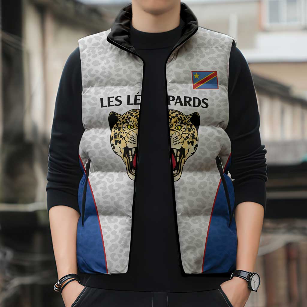 Africa DR Congo Football Custom Sleeveless Puffer Jacket White Leopard Skin Pattern